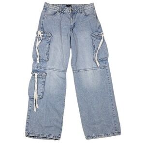 Derek Heart Womens Light Wash Wide Leg Cargo Jeans Blue Size 9 Ribbon Tie Y2K
